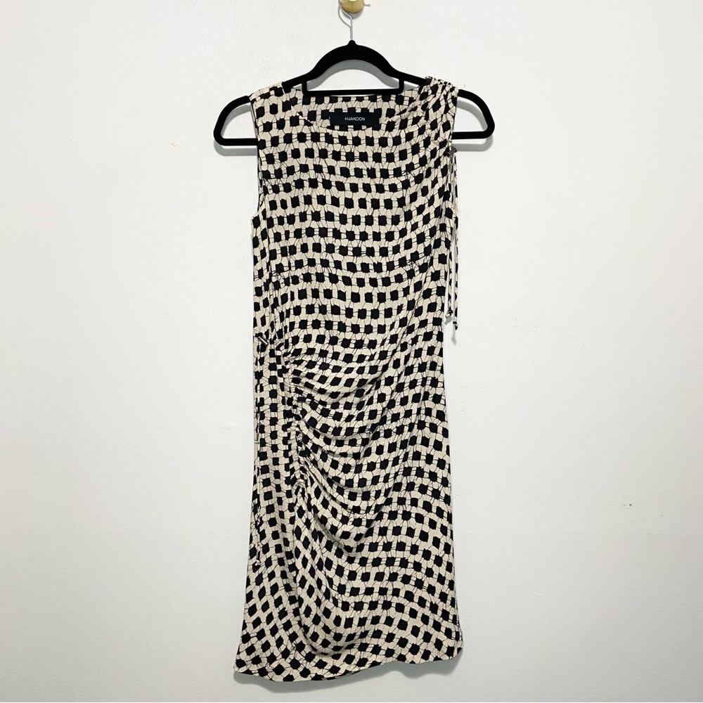 Thakoon Silk Cream Black Sleeveless Geometric Print Crewneck Dress